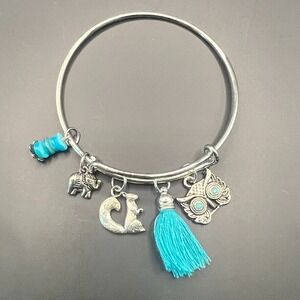 Alex and Ani Silver Bangle Bracelet Elephant Owl Chipmunk Charms Adjustable Blue